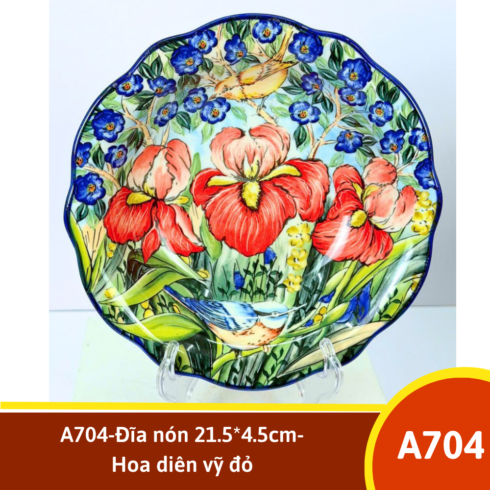 A704-Đĩa nón 21.5*4.5cm-Hoa diên vỹ đỏ
