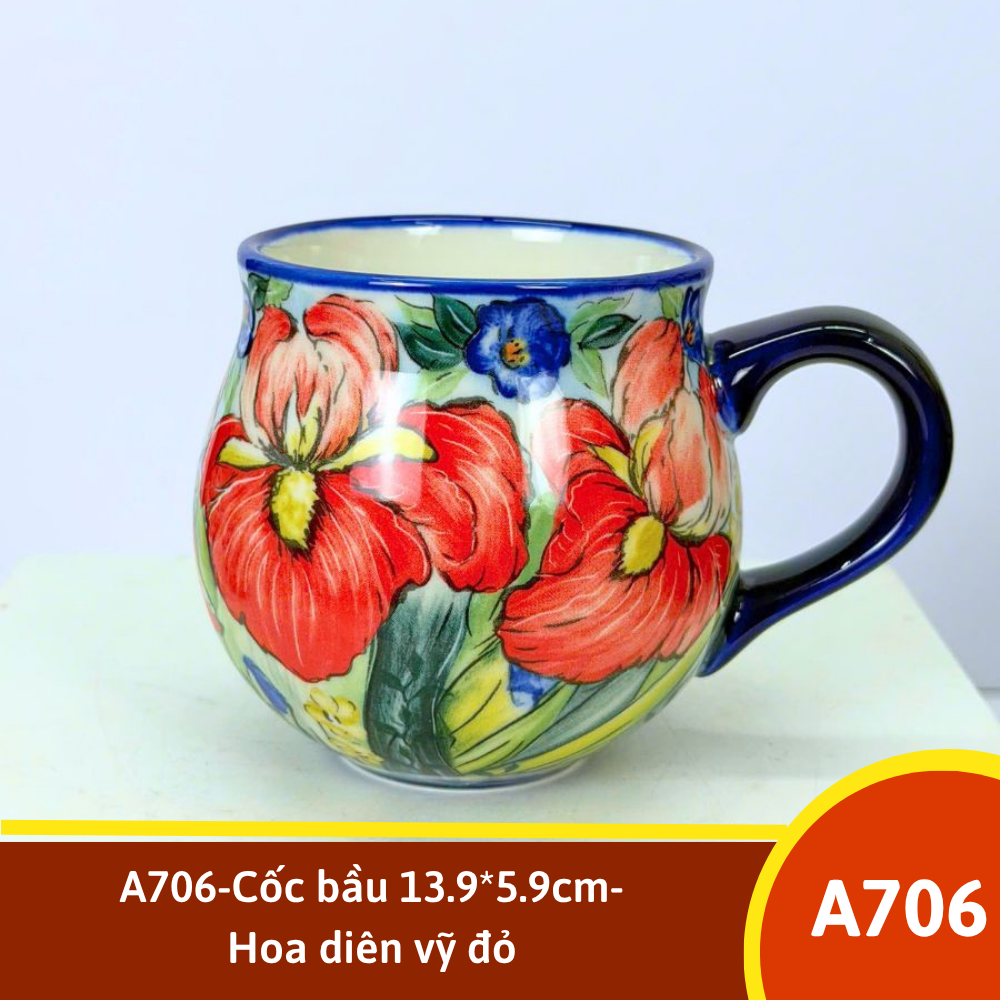 A706-Cốc bầu 13.9*5.9cm-Hoa diên vỹ đỏ
