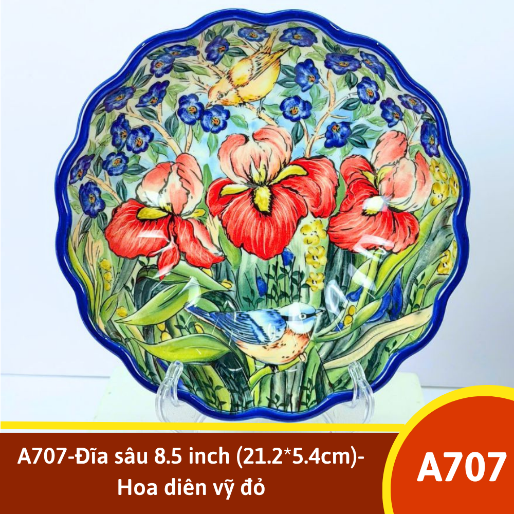A707-Đĩa sâu 8.5 inch (21.2*5.4cm)-Hoa diên vỹ đỏ
