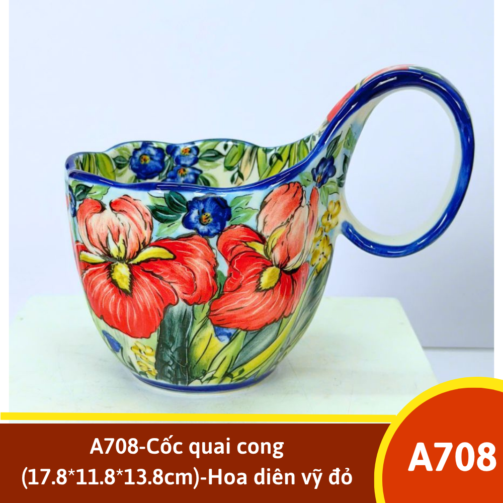 A708-Cốc quai cong (17.8*11.8*13.8cm)-Hoa diên vỹ đỏ