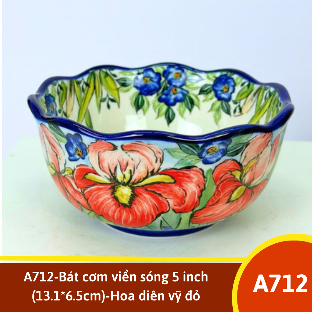 A712-Bát cơm viền sóng 5 inch (13.1*6.5cm)-Hoa diên vỹ đỏ