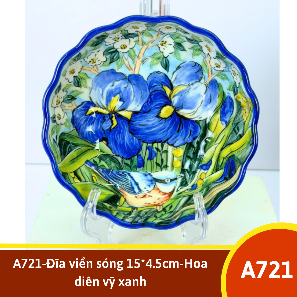 A721-Đĩa viền sóng 15*4.5cm-Hoa diên vỹ xanh