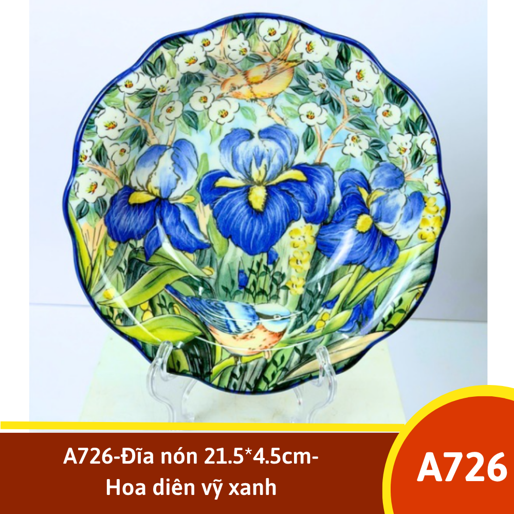 A726-Đĩa nón 21.5*4.5cm-Hoa diên vỹ xanh