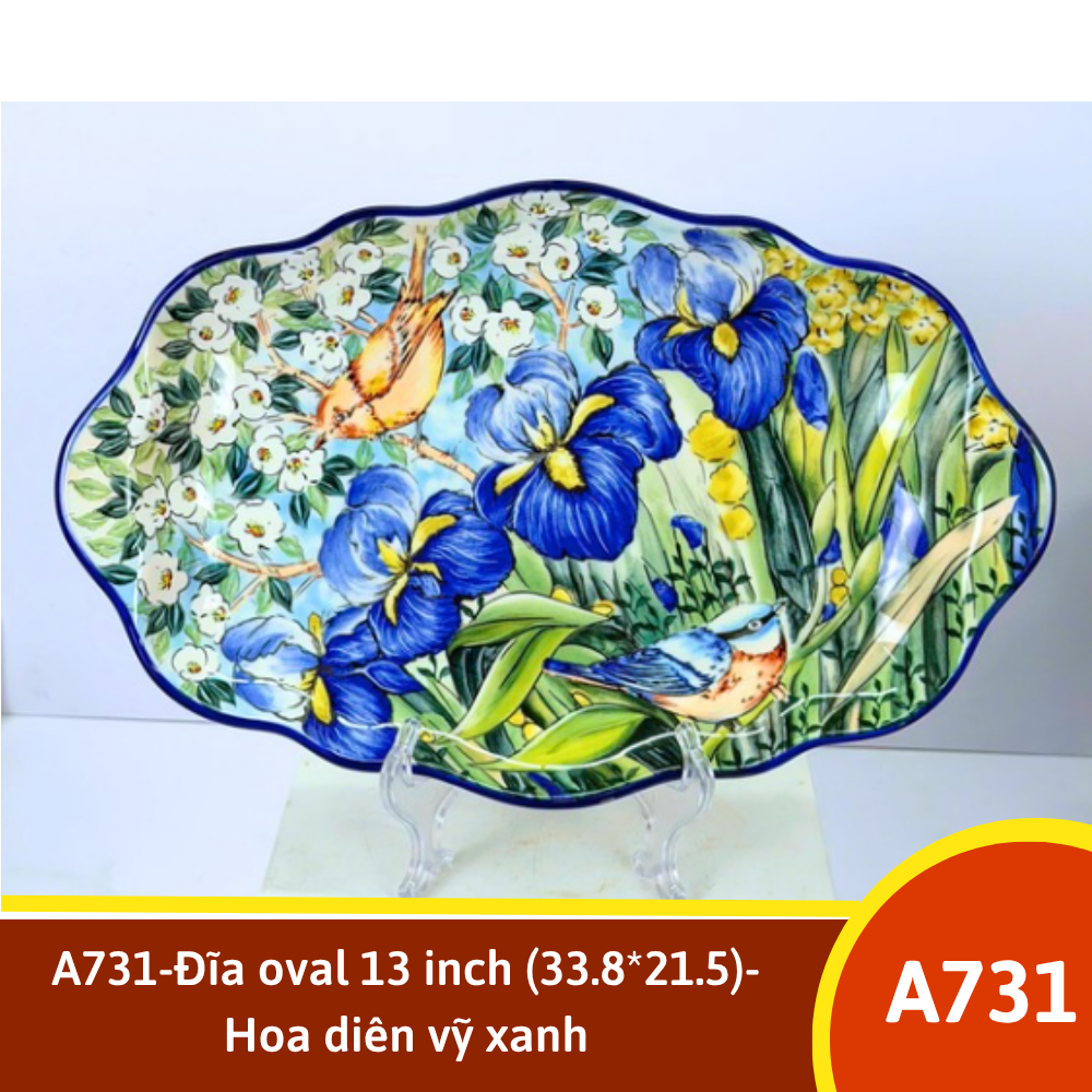 A731-Đĩa oval 13 inch (33.8*21.5)-Hoa diên vỹ xanh