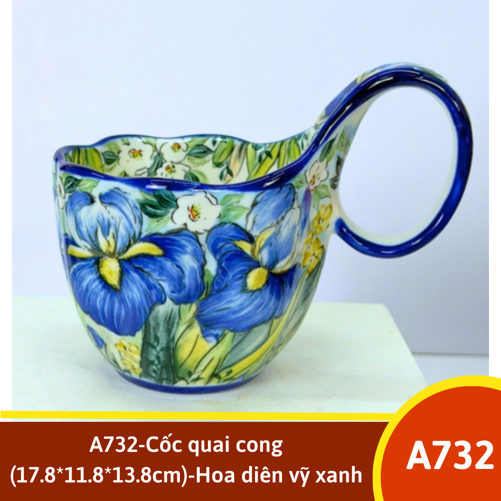 A732-Cốc quai cong (17.8*11.8*13.8cm)-Hoa diên vỹ xanh
