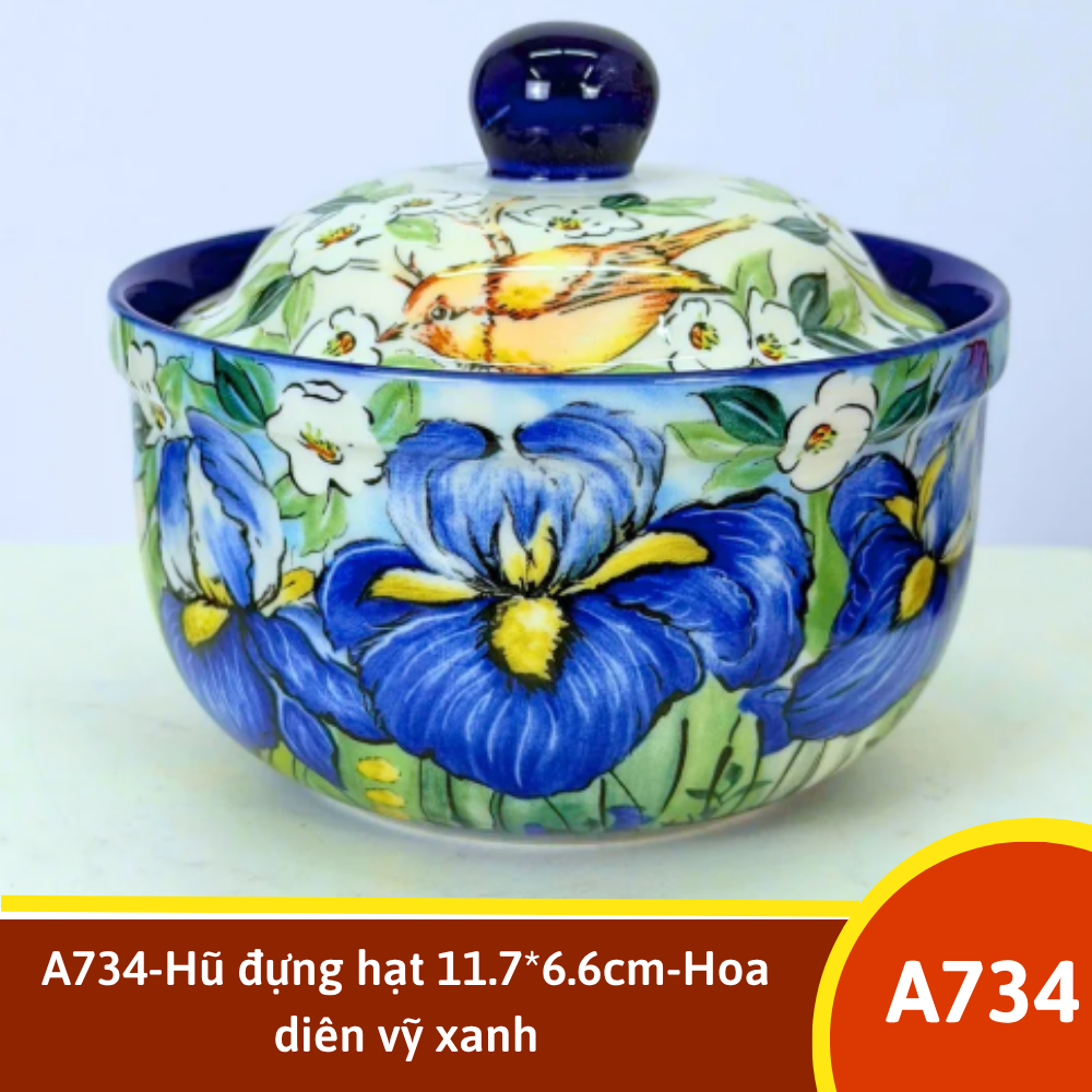 A734-Hũ đựng hạt 11.7*6.6cm-Hoa diên vỹ xanh