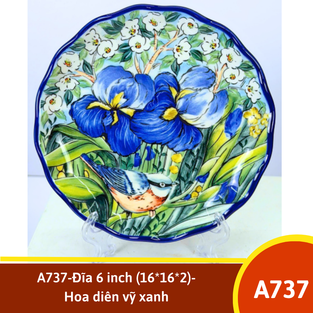 A737-Đĩa 6 inch (16*16*2)-Hoa diên vỹ xanh