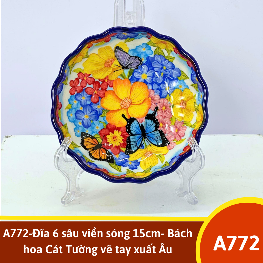 A772-Đĩa 6 sâu viền sóng 15cm- Bách hoa Cát Tường vẽ tay xuất Âu