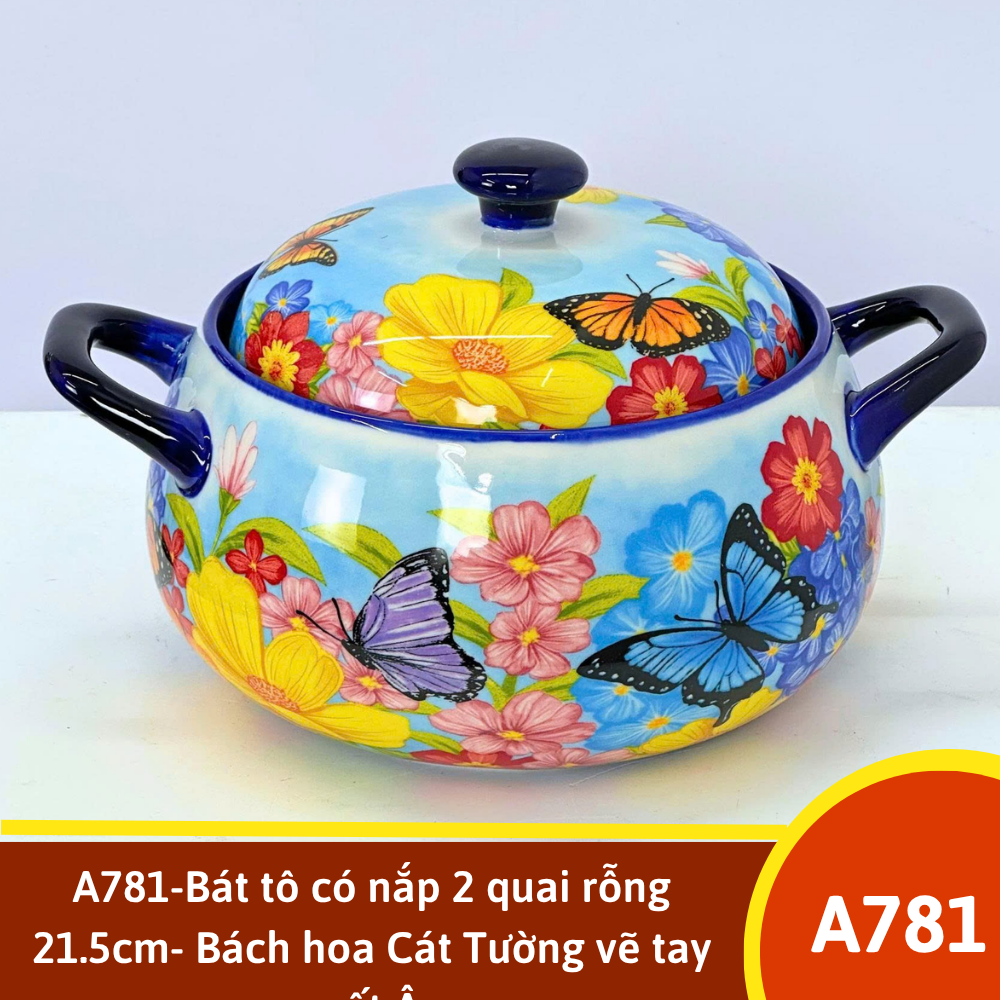 A781-Bát tô có nắp 2 quai rỗng 21.5cm- Bách hoa Cát Tường vẽ tay xuất Âu