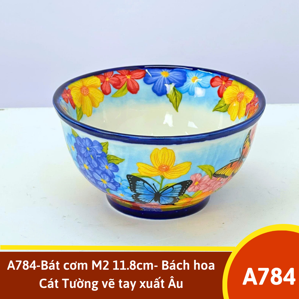 A784-Bát cơm M2 11.8cm- Bách hoa Cát Tường vẽ tay xuất Âu