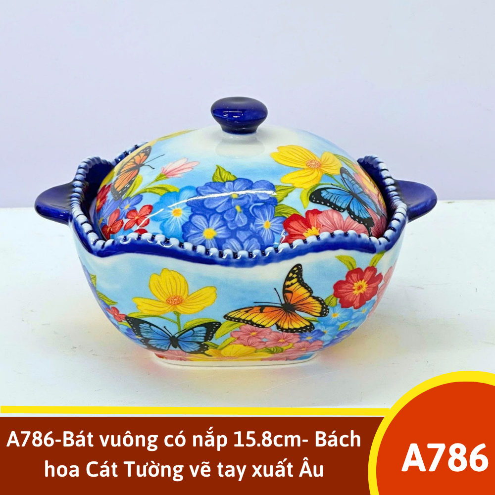 A786-Bát vuông có nắp 15.8cm- Bách hoa Cát Tường vẽ tay xuất Âu