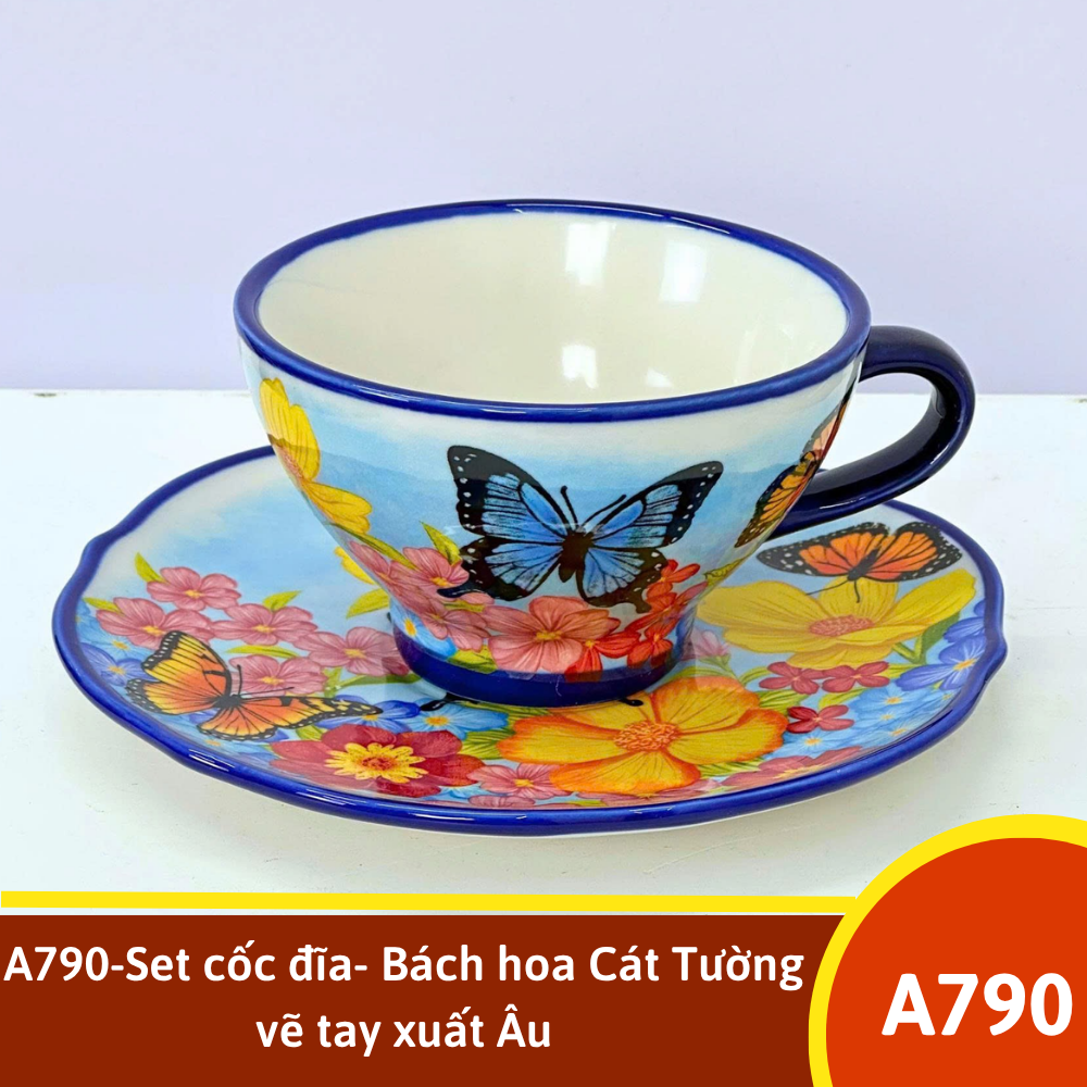 A790-Set cốc đĩa- Bách hoa Cát Tường vẽ tay xuất Âu