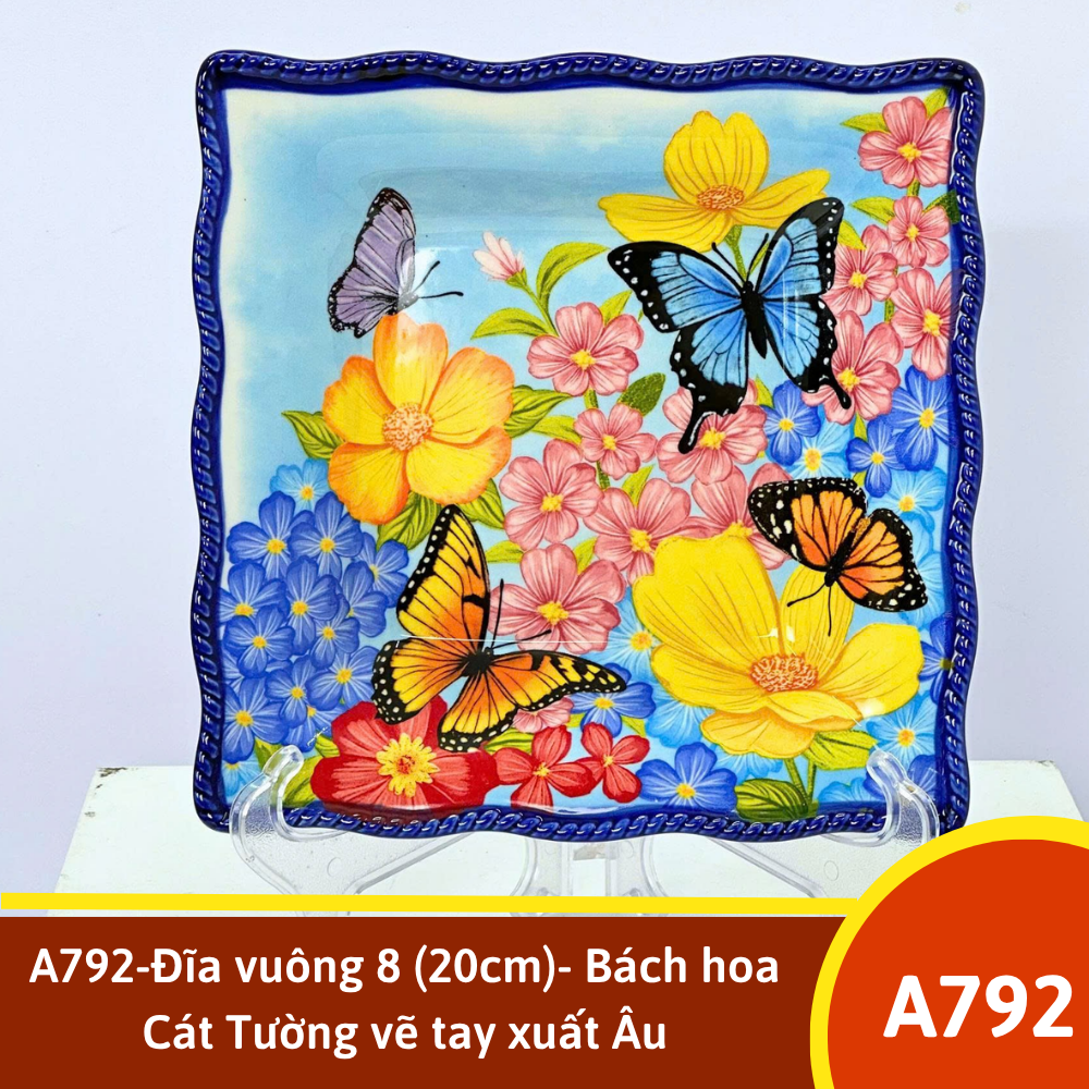 A792-Đĩa vuông 8 (20cm)- Bách hoa Cát Tường vẽ tay xuất Âu