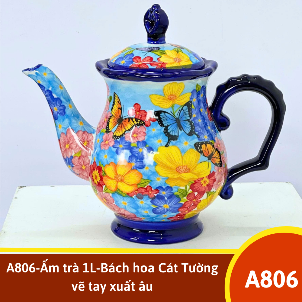 A806-Ấm trà 1L-Bách hoa Cát Tường vẽ tay xuất âu