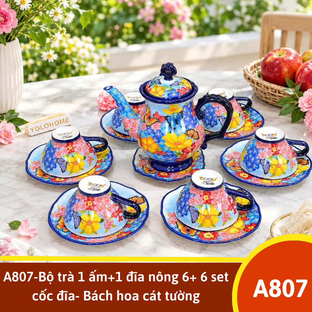 A807-Bộ trà 1 ấm+1 đĩa nông 6+ 6 set cốc đĩa- Bách hoa cát tường