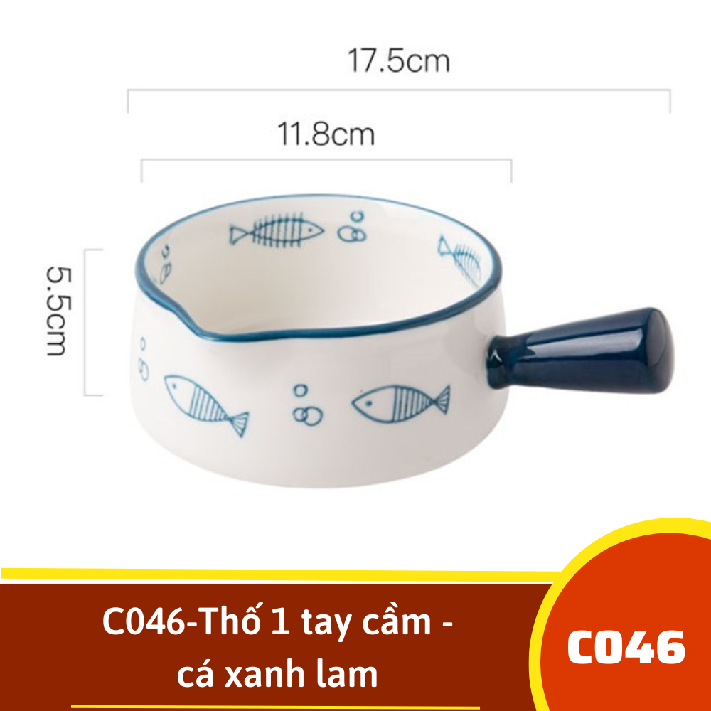 C046-Thố 1 tay cầm - cá xanh lam
