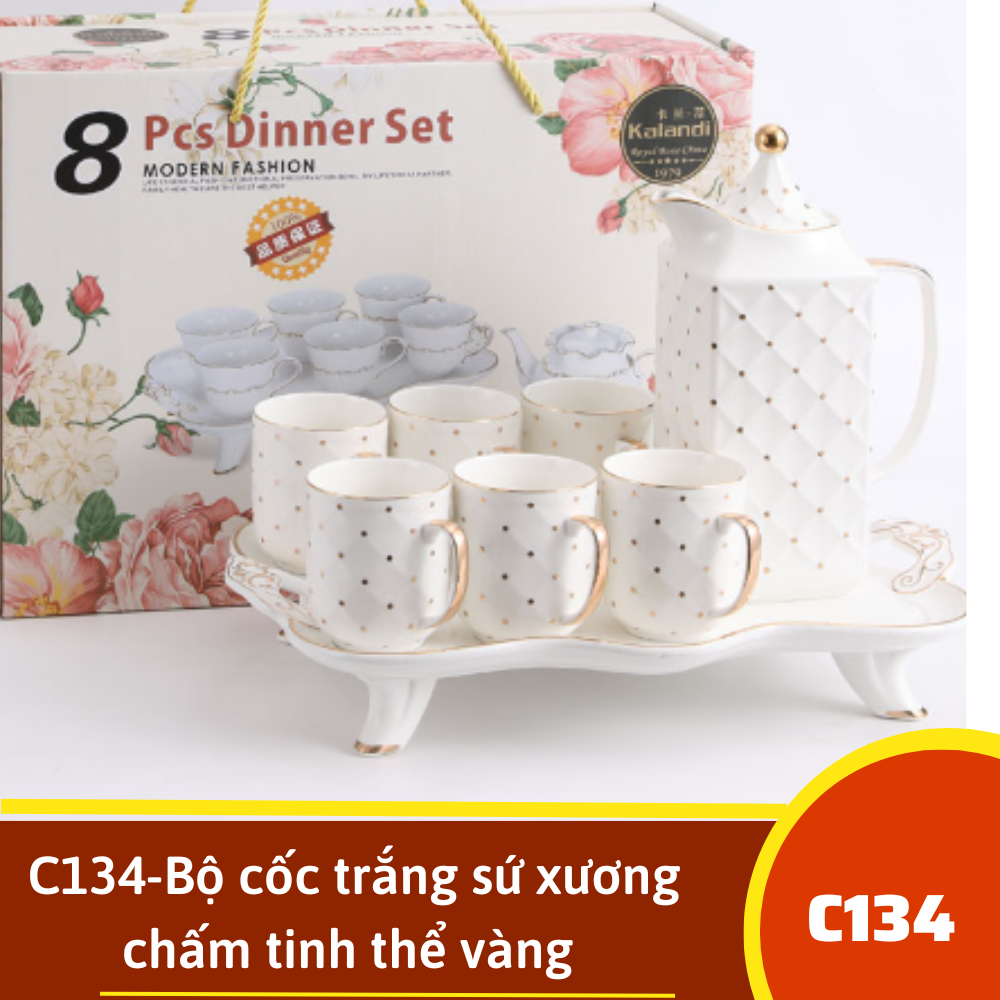 C134-Bộ cốc trắng sứ xương chấm tinh thể vàng + tặng móc khoá rồng