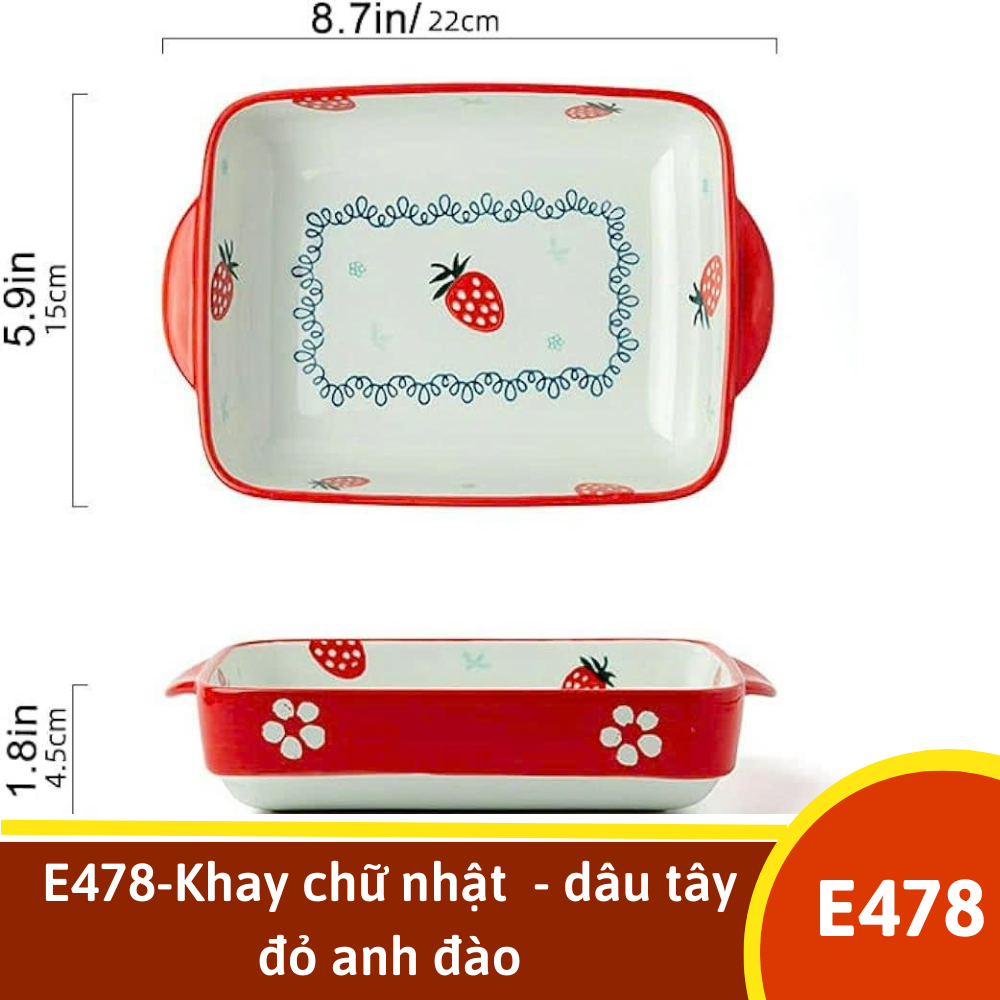 E478-Khay chữ nhật  - dâu tây đỏ anh đào