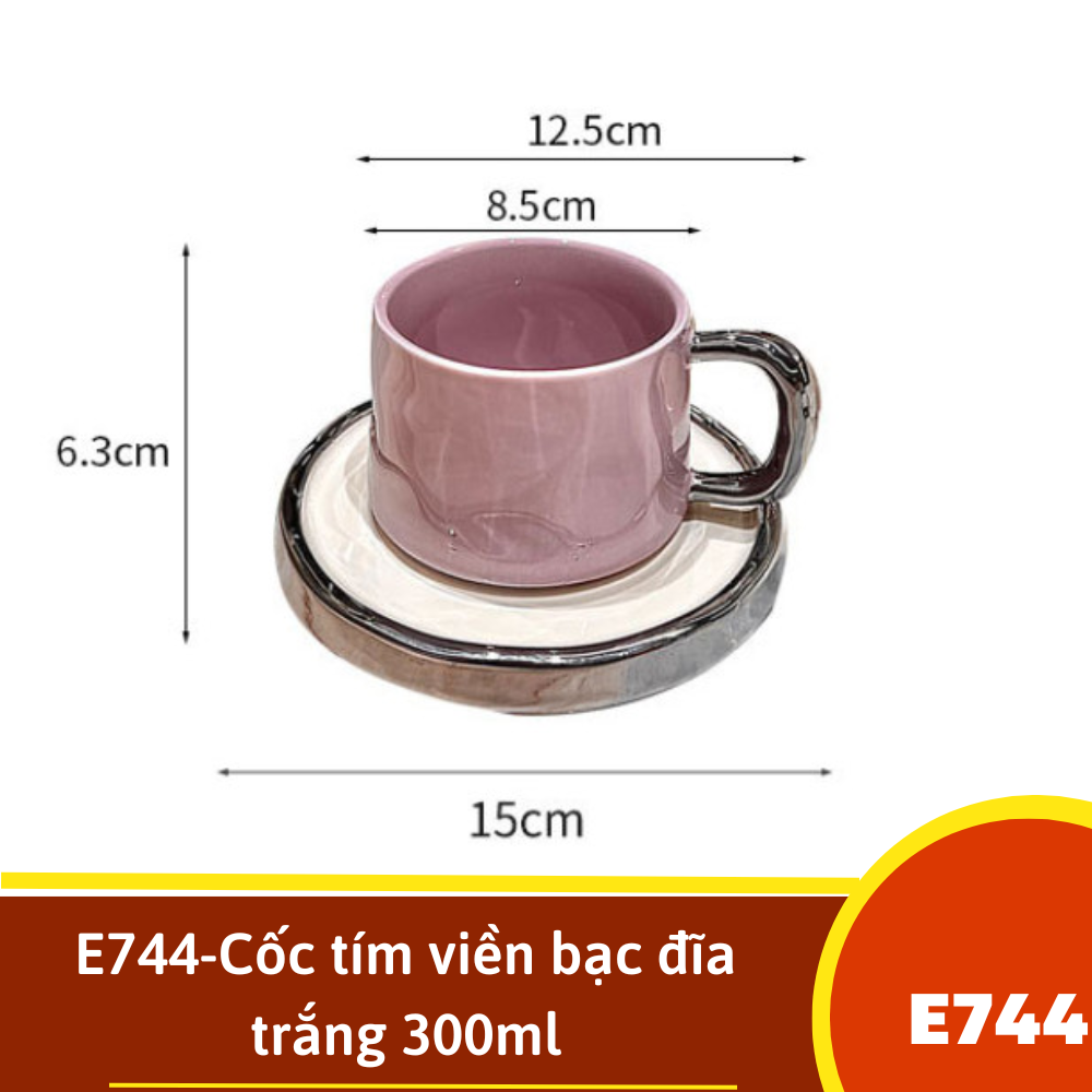 E744-Cốc tím viền bạc đĩa trắng 300ml