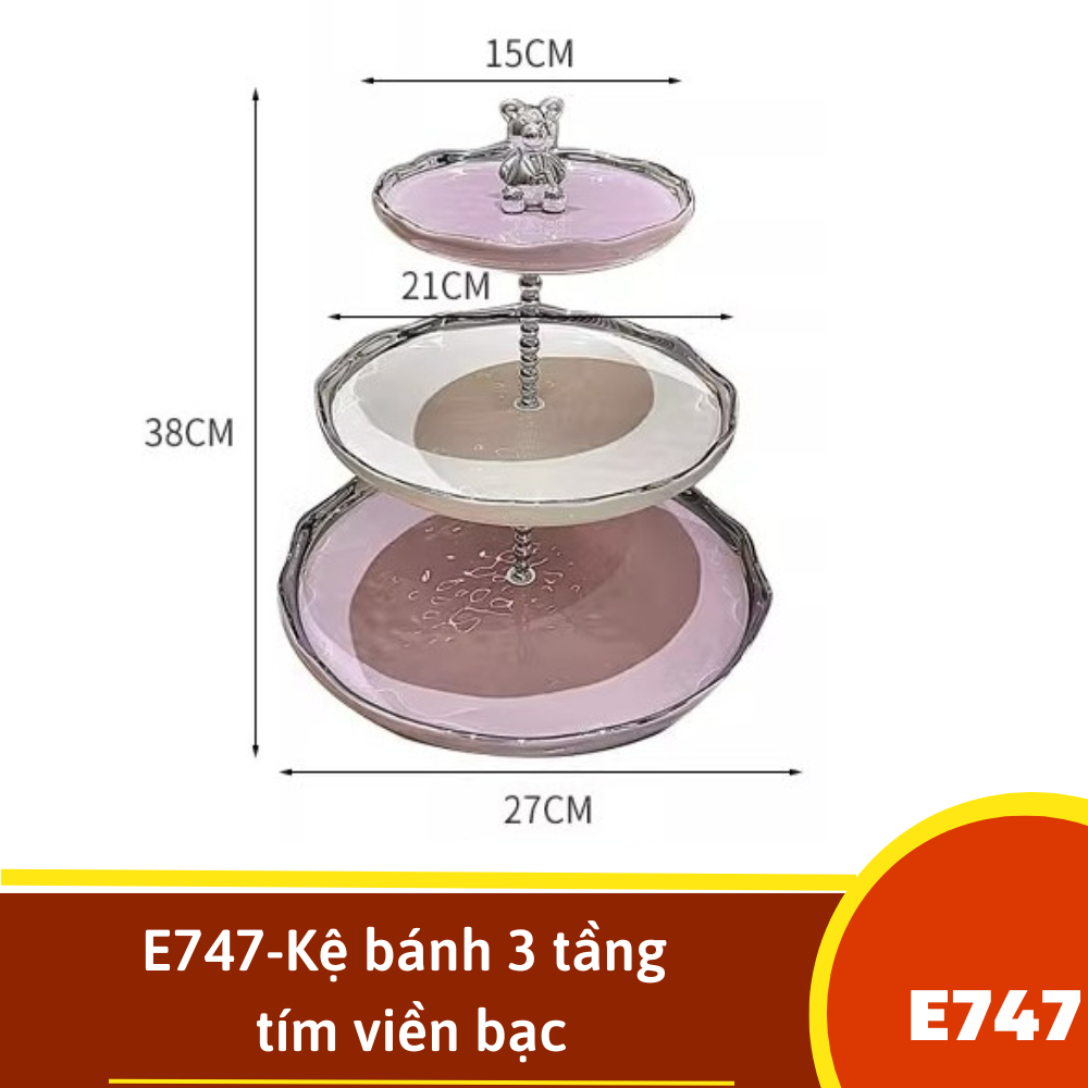 E747-Kệ bánh 3 tầng tím viền bạc