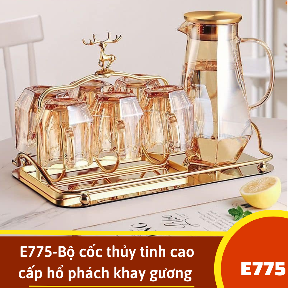 E775-Bộ cốc thủy tinh cao cấp hổ phách khay gương + 1 móc khoá mèo