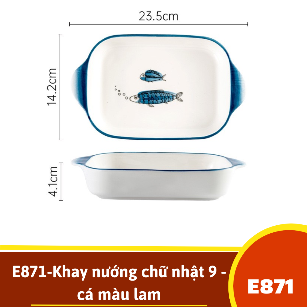 E871-Khay nướng chữ nhật 9 - cá màu lam