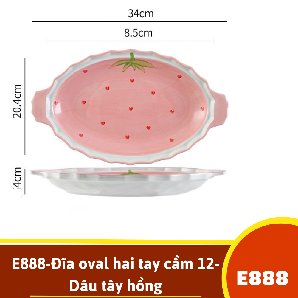 E888-Đĩa oval hai tay cầm 12- Dâu tây hồng