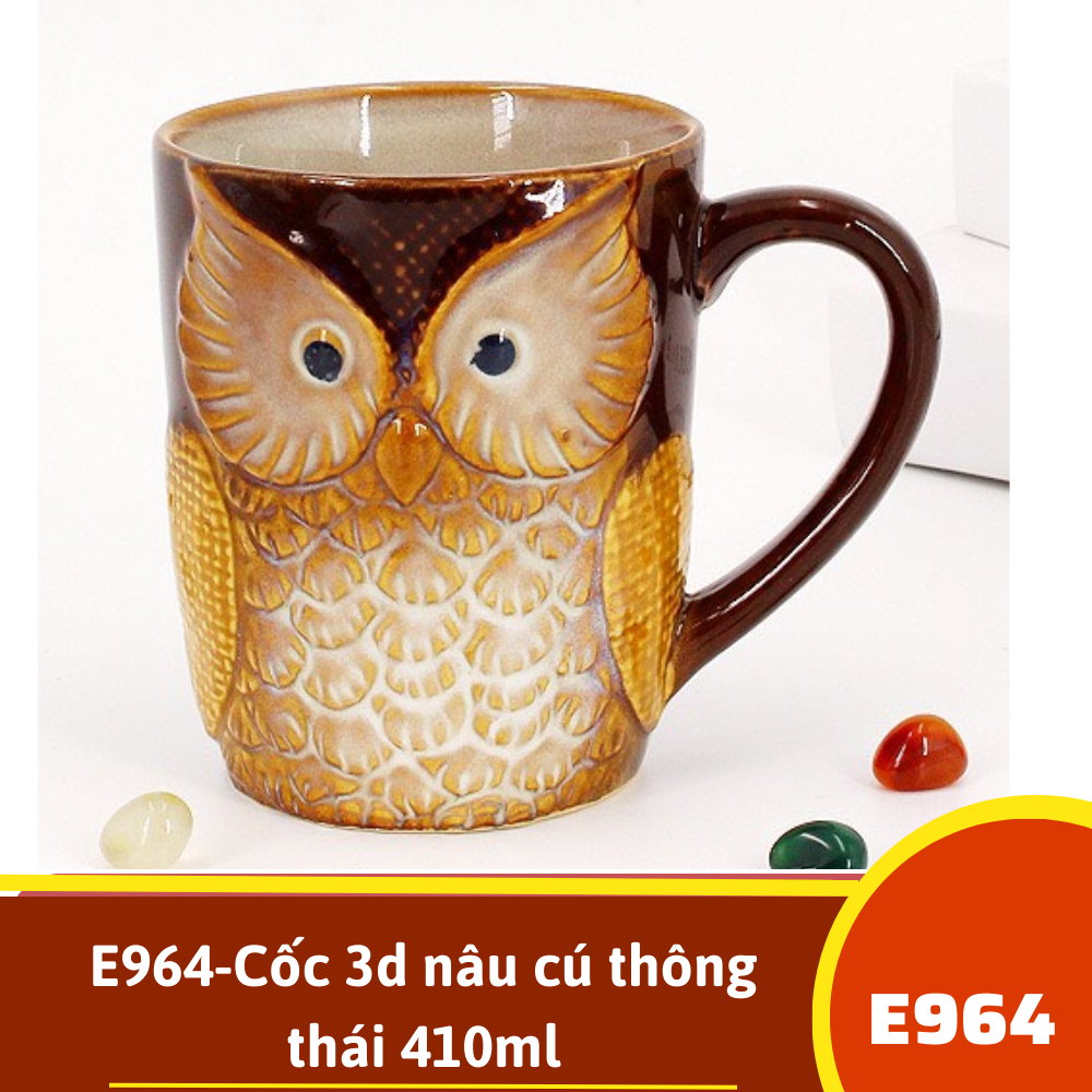 E964-Cốc 3d nâu cú thông thái 410ml