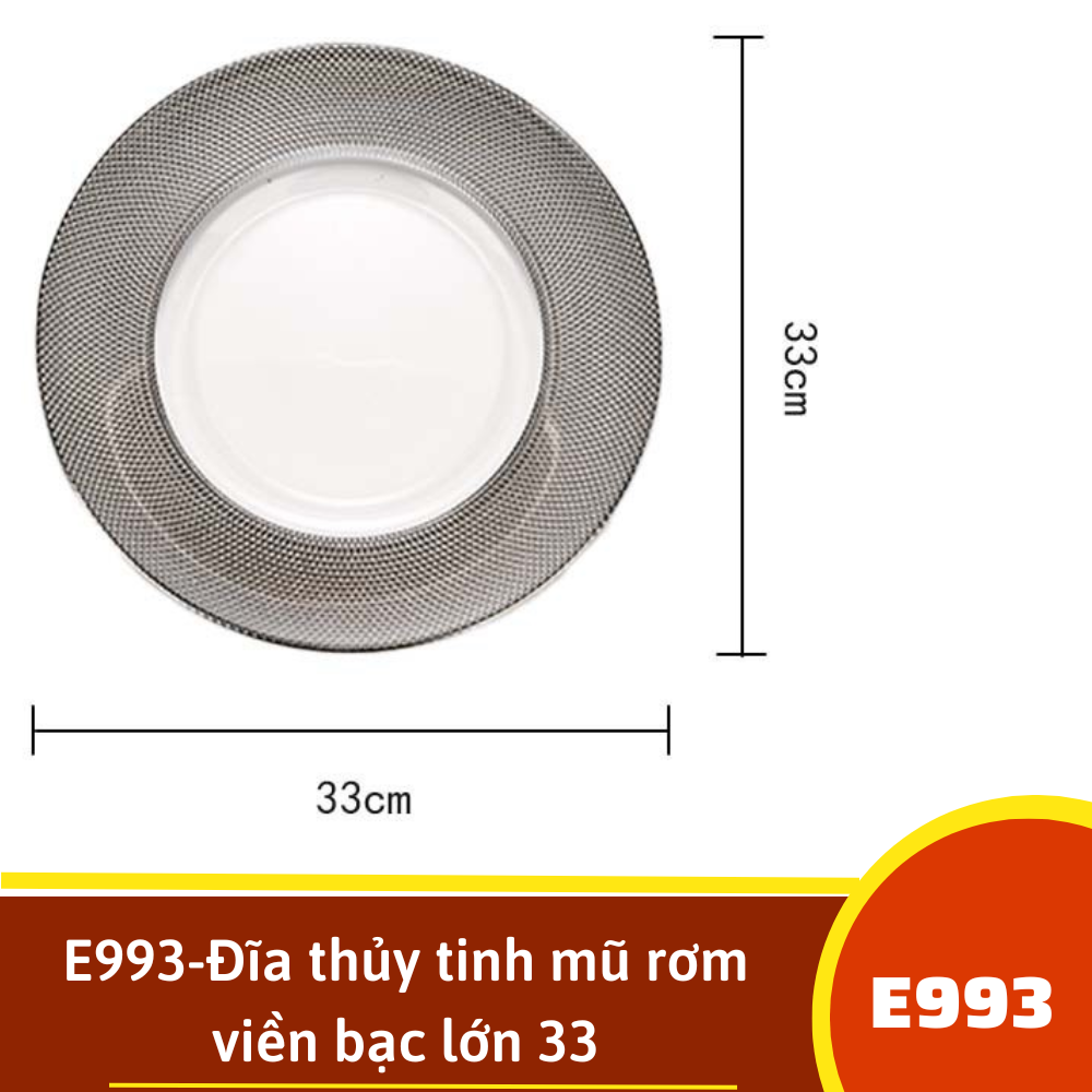 E993-Đĩa thủy tinh mũ rơm viền bạc lớn 33