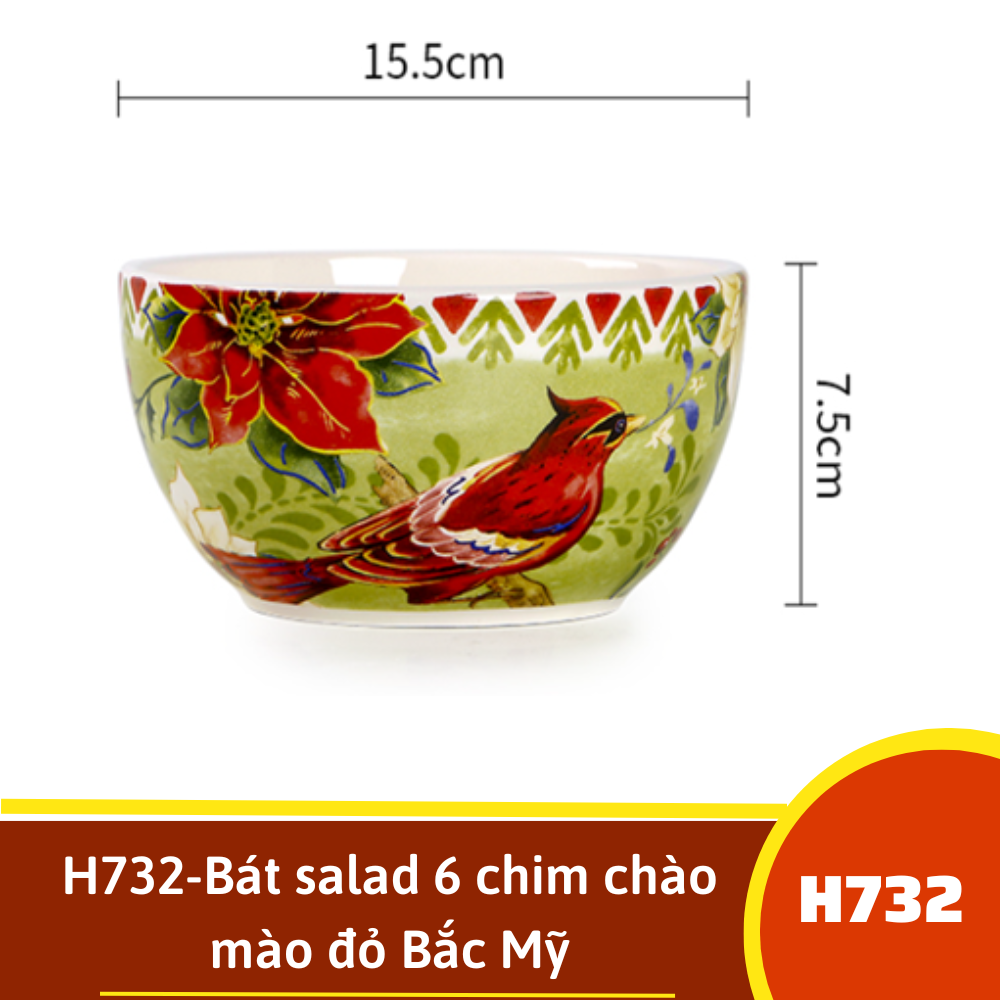 H732-Bát salad 6 chim chào mào đỏ Bắc Mỹ