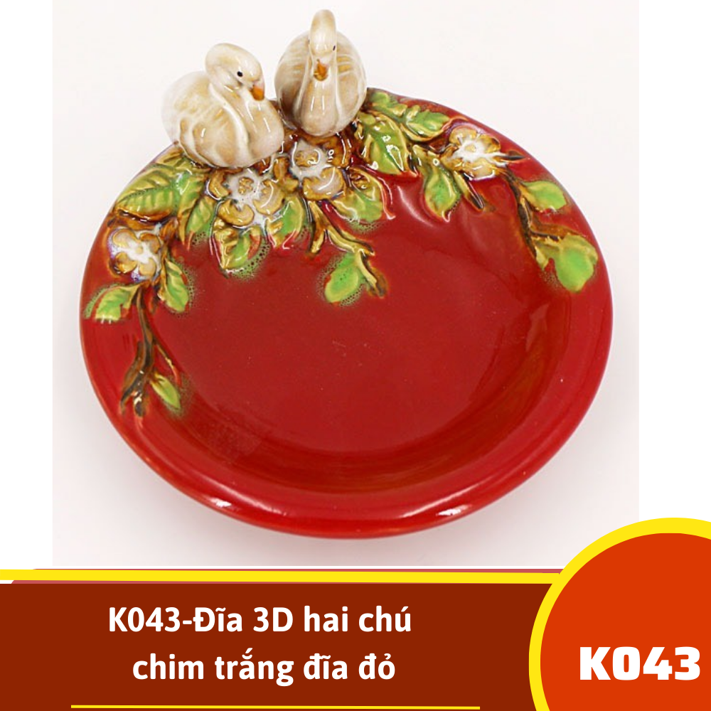 K043-Đĩa 3D hai chú chim trắng đĩa đỏ