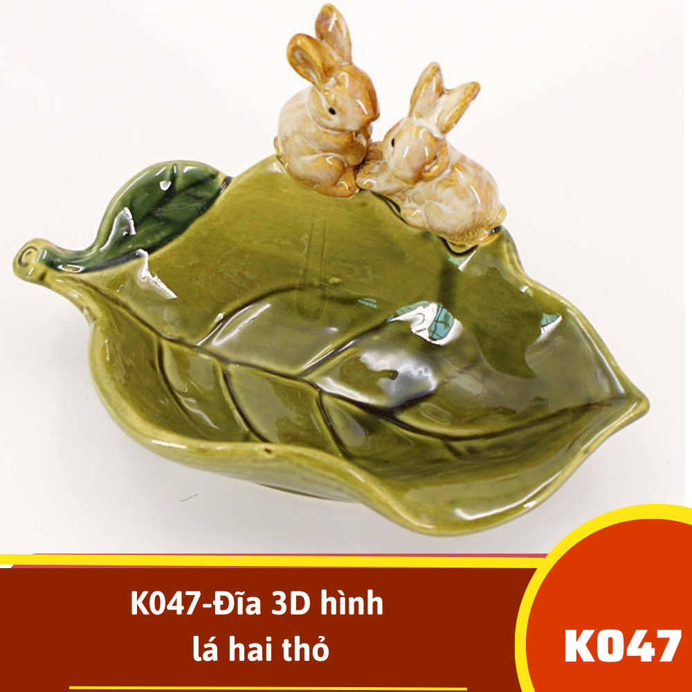K047-Đĩa 3D hình lá hai thỏ