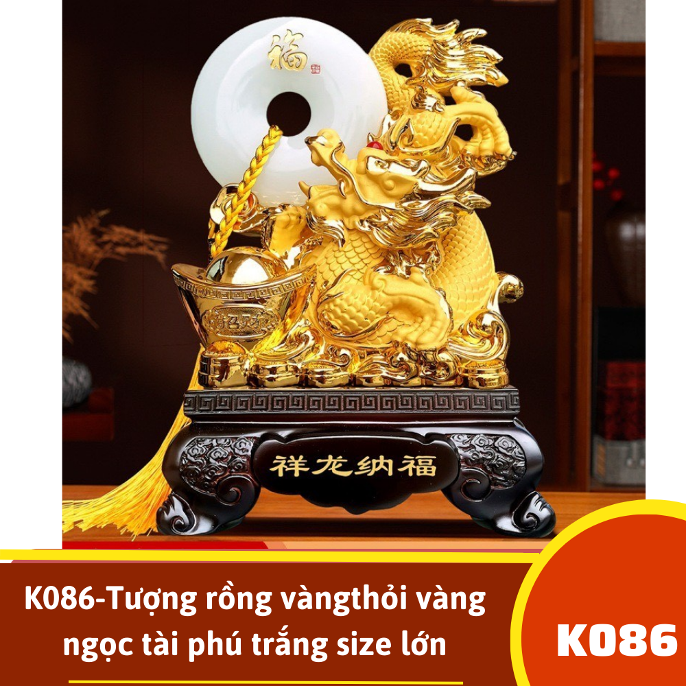 K086-Tượng rồng vàng phong thủy thỏi vàng ngọc tài phú trắng size lớn