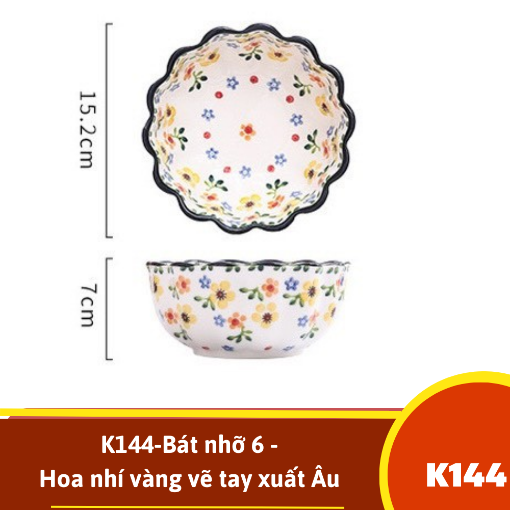 K144-Bát nhỡ 6 - Hoa nhí vàng vẽ tay xuất Âu