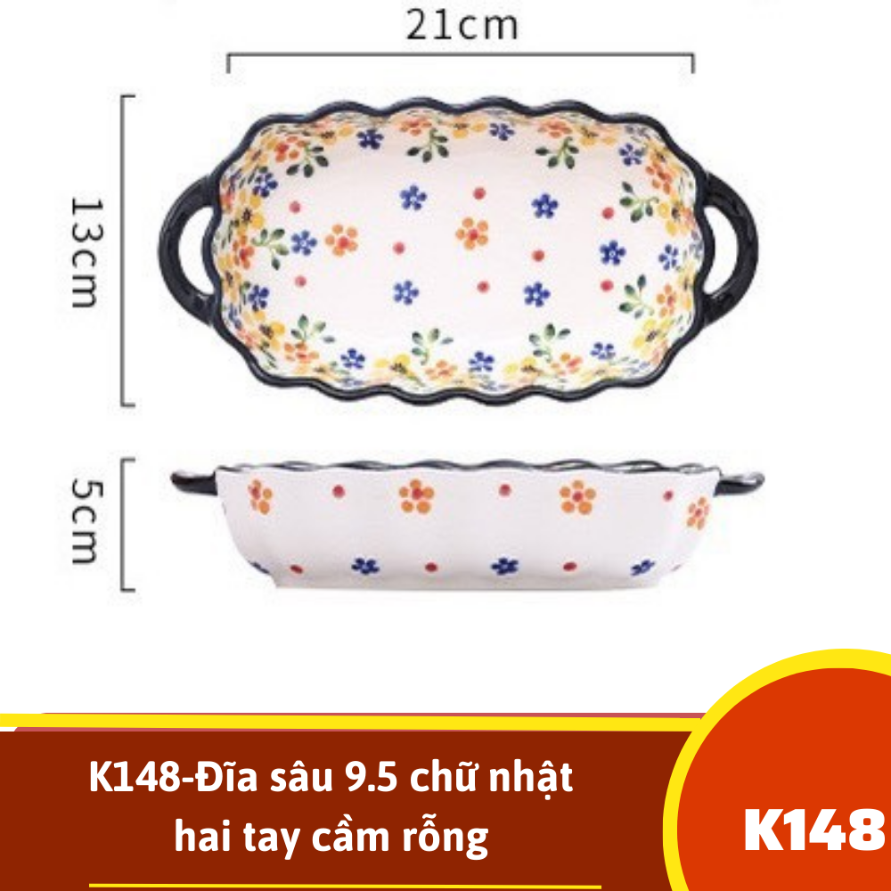 K148-Đĩa sâu 9.5 chữ nhật hai tay cầm rỗng - Hoa nhí vàng vẽ tay xuất Âu