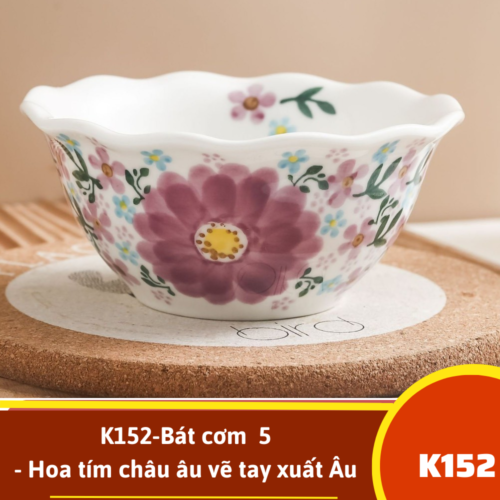 K152-Bát cơm 5 - Hoa tím châu âu vẽ tay xuất Âu