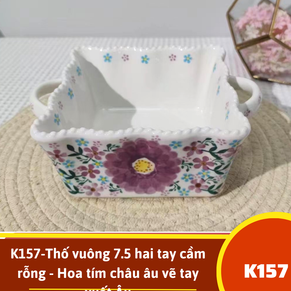 K157-Thố vuông 7.5 hai tay cầm rỗng - Hoa tím châu âu vẽ tay xuất Âu