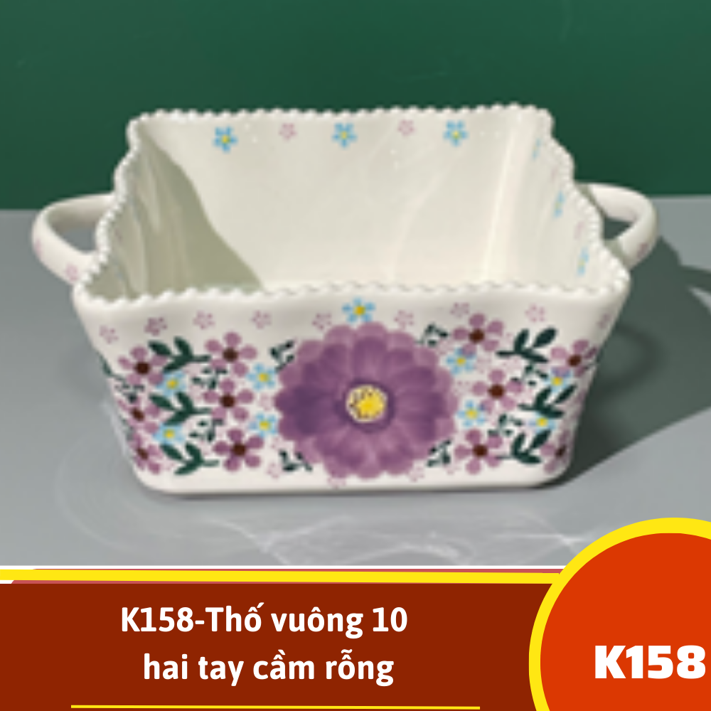 K158-Thố vuông 10 hai tay cầm rỗng - Hoa tím châu âu vẽ tay xuất Âu