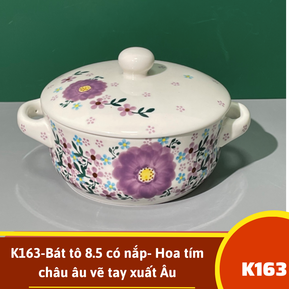 K163-Bát tô 8.5 có nắp- Hoa tím châu âu vẽ tay xuất Âu