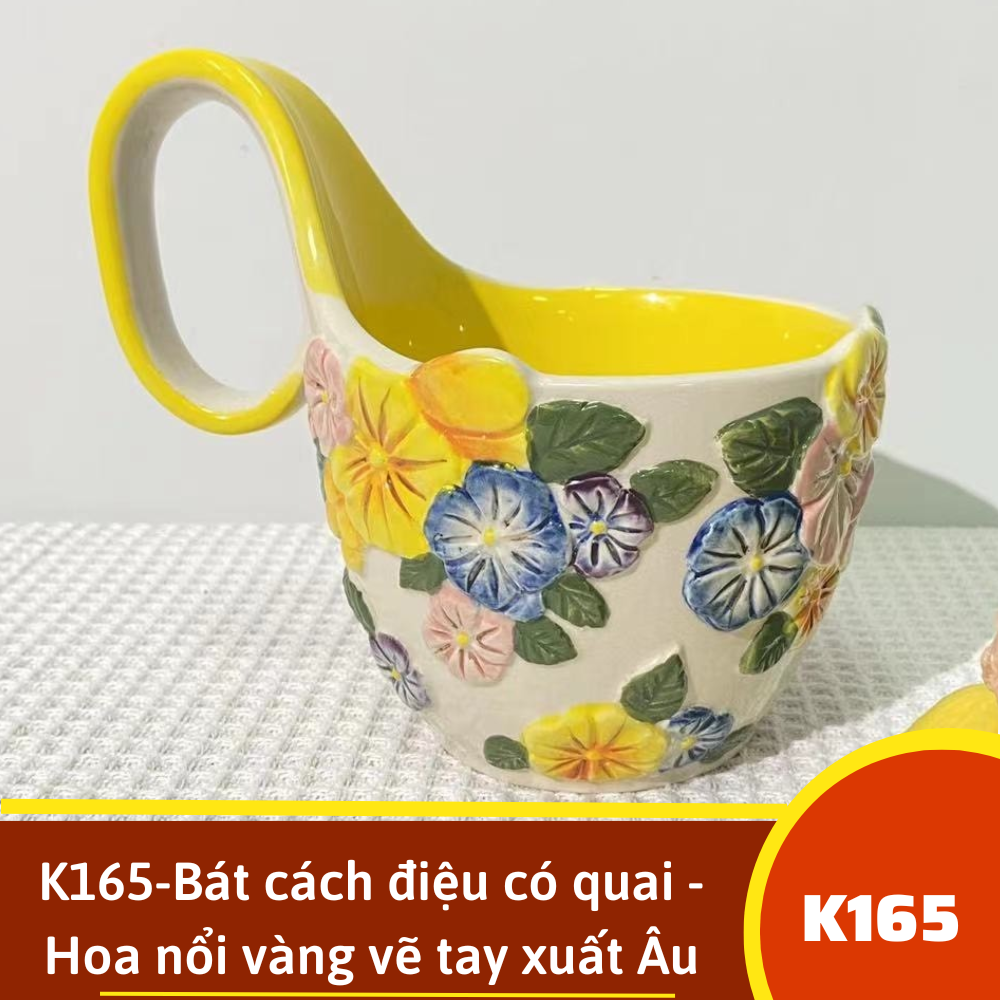 K165-Bát cách điệu có quai - Hoa nổi vàng vẽ tay xuất Âu