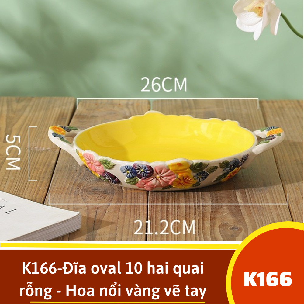 K166-Đĩa oval 10 hai quai rỗng - Hoa nổi vàng vẽ tay xuất Âu