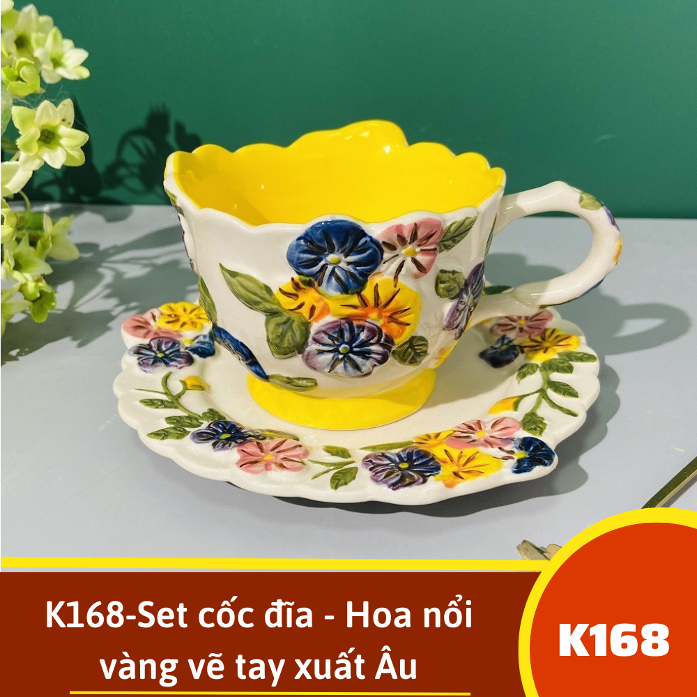 K168-Set cốc đĩa - Hoa nổi vàng vẽ tay xuất Âu