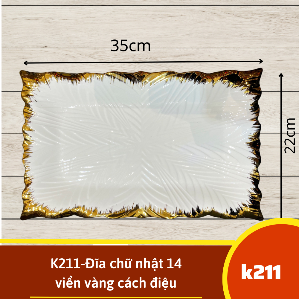 K211-Đĩa chữ nhật 14 viền vàng cách điệu