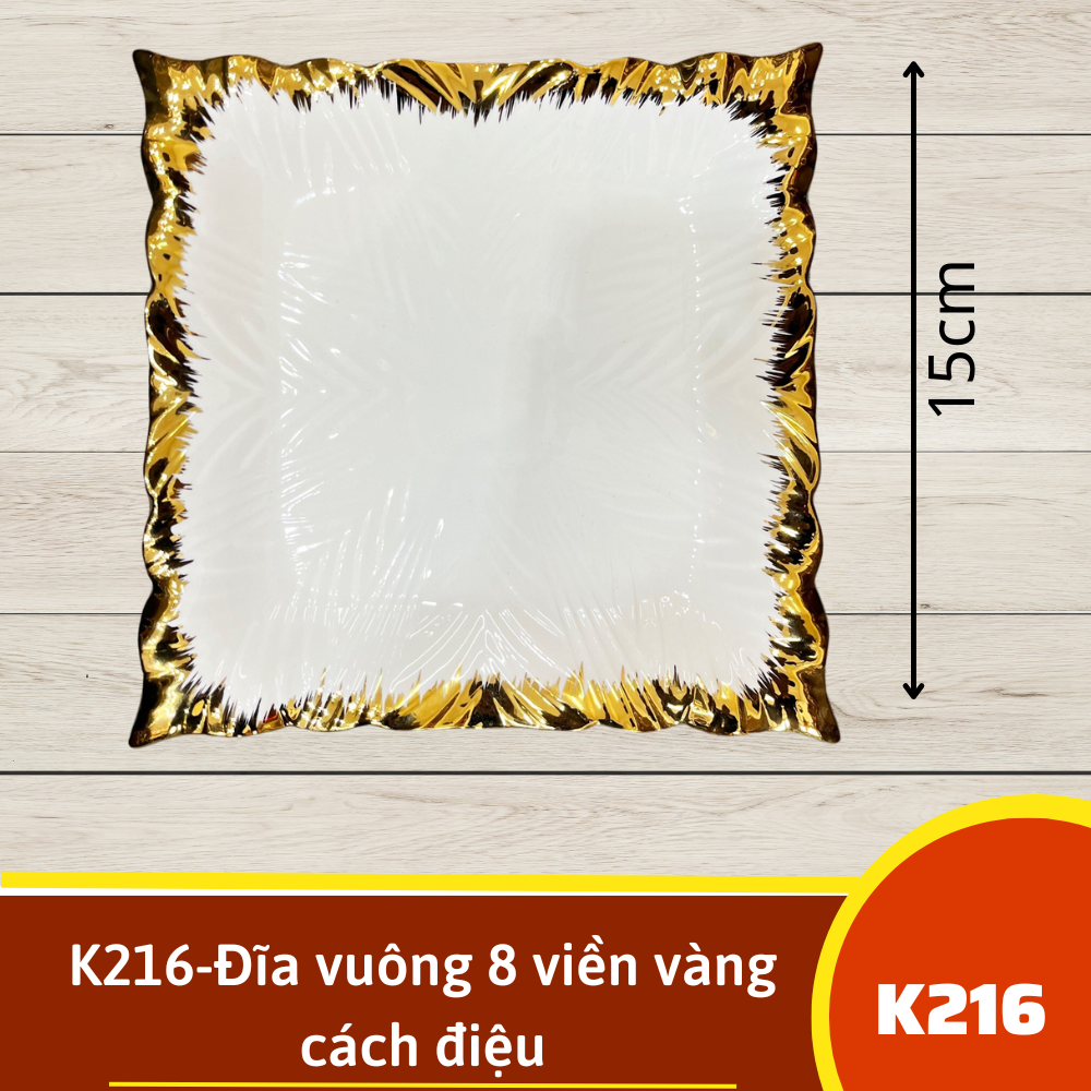 K216-Đĩa vuông 8 viền vàng cách điệu