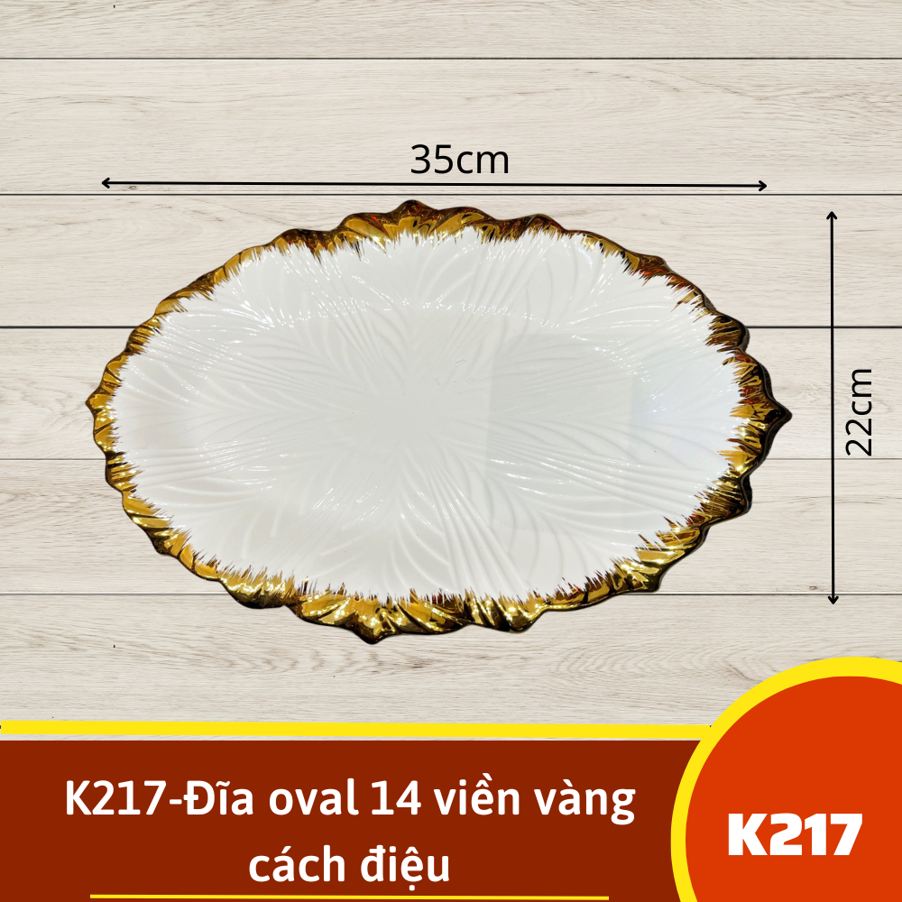 K217-Đĩa oval 14 viền vàng cách điệu