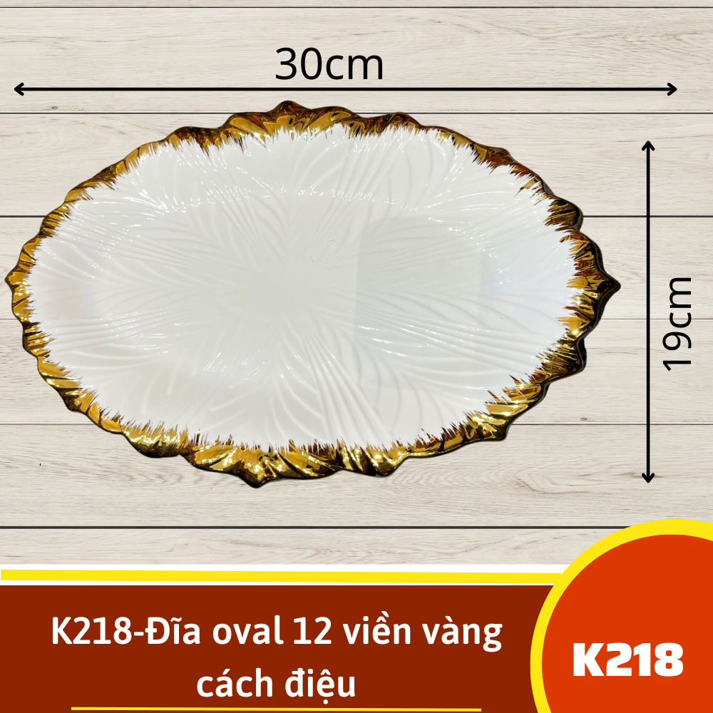 K218-Đĩa oval 12 viền vàng cách điệu