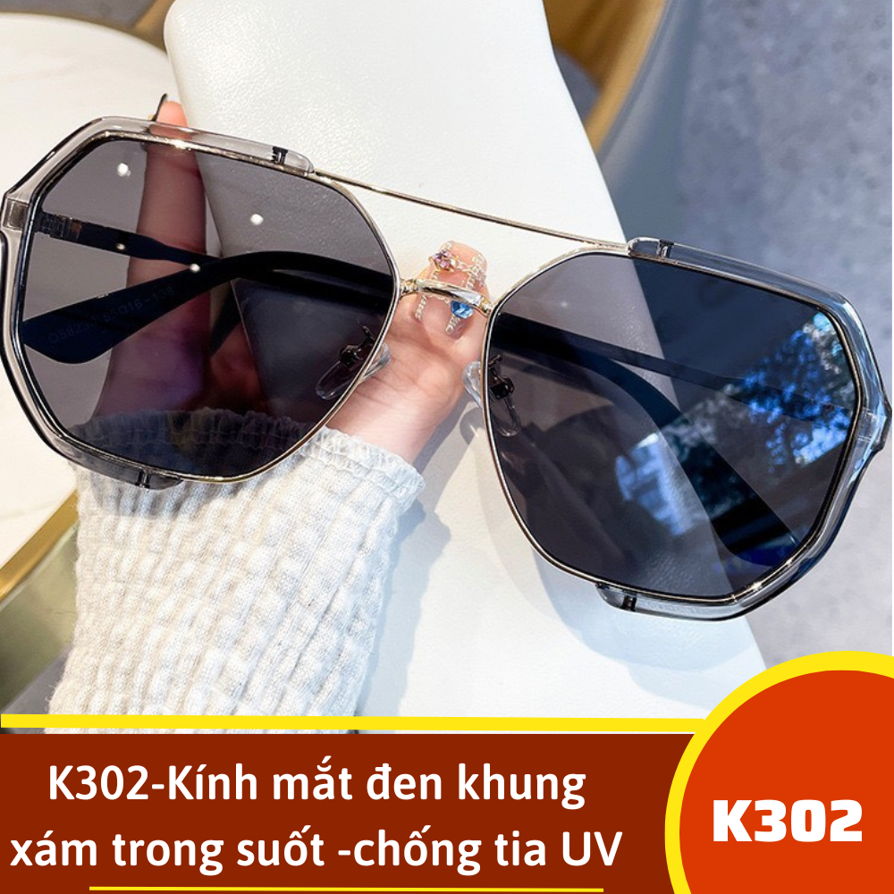 K302-Kính mắt đen khung xám trong suốt -chống tia UV + túi kính đen + hộp kính ngẫu nhiên ( đen trắng)
