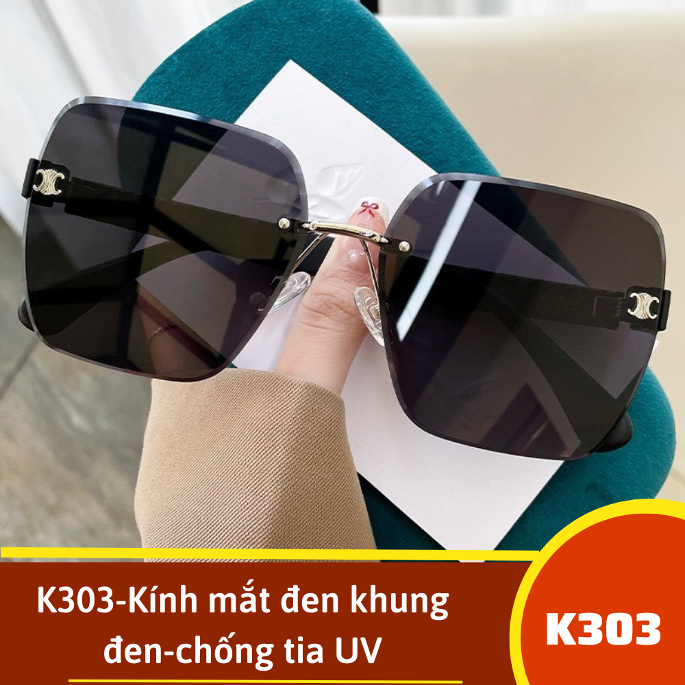 K303-Kính mắt đen khung đen-chống tia UV + túi kính đen + hộp kính ngẫu nhiên ( đen trắng)