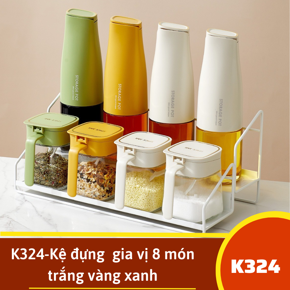 K324-Kệ đựng  gia vị 8 món trắng vàng xanh