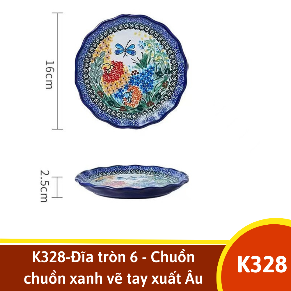 K328-Đĩa tròn 6 - Chuồn chuồn xanh vẽ tay xuất Âu SAZ
